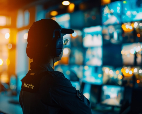 Person in Uniform vor Monitorwand